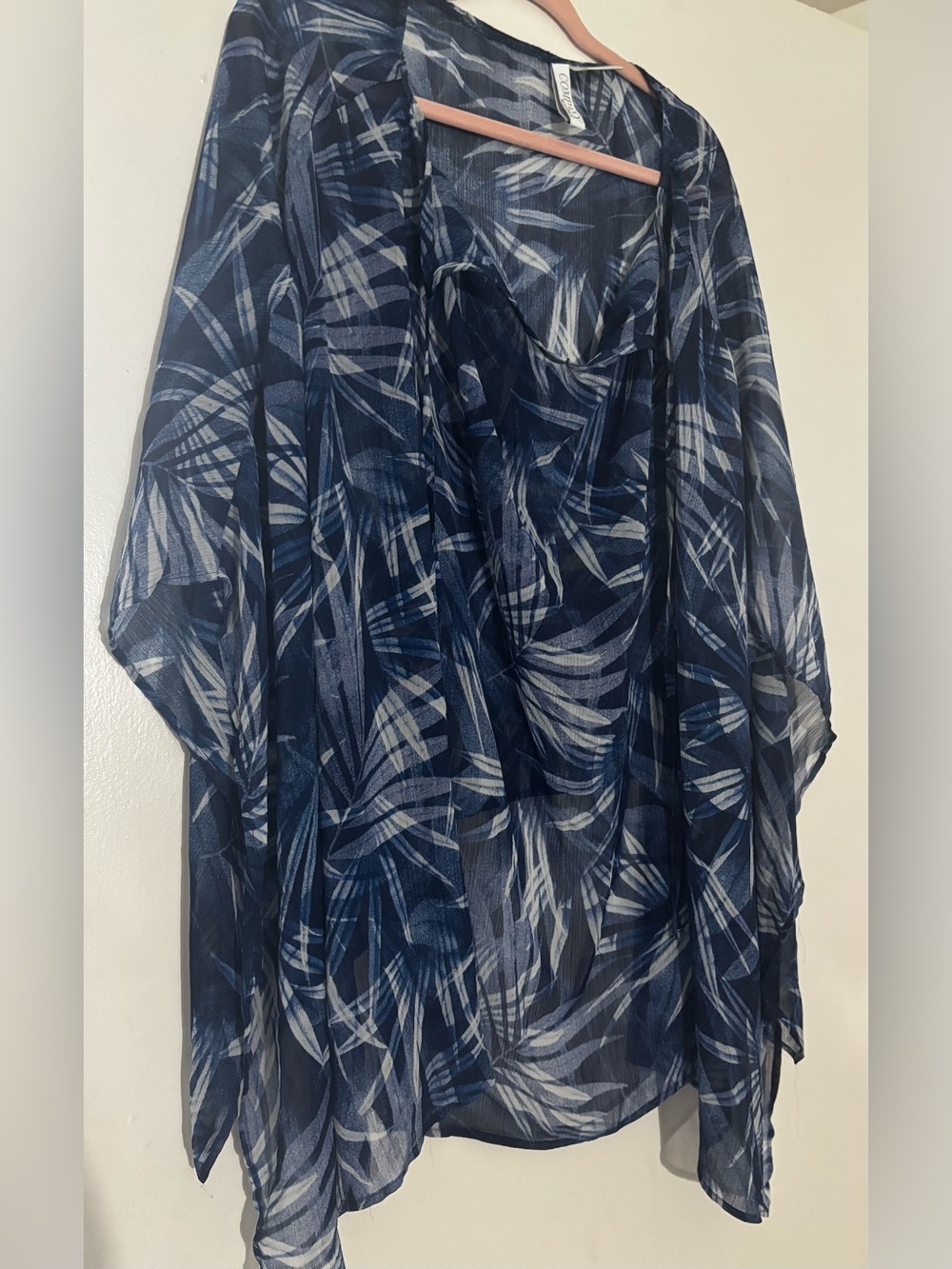 Sheer Navy Blue Palm Leaf Kimono Cover-Up